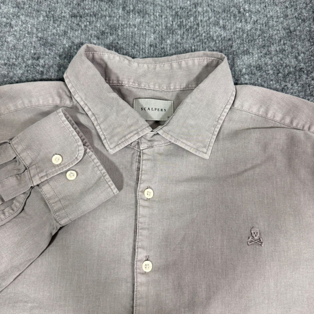 Scalpers Popover Shirt Skull Logo Mens 43 XL Taupe Linen Cotton Blend EUC
